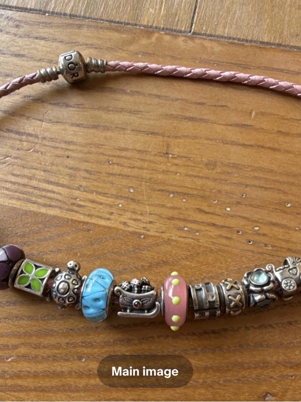 Pandora Pink Leather Bracelet with Mixed Glass & Silver & 14K Charms